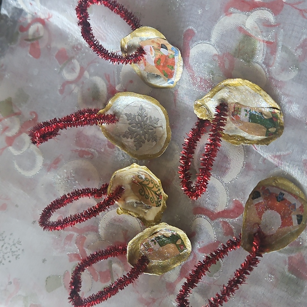 Handmade Oyster Shell Gift Tags/ Ornaments with Red Accents.  Qty 6